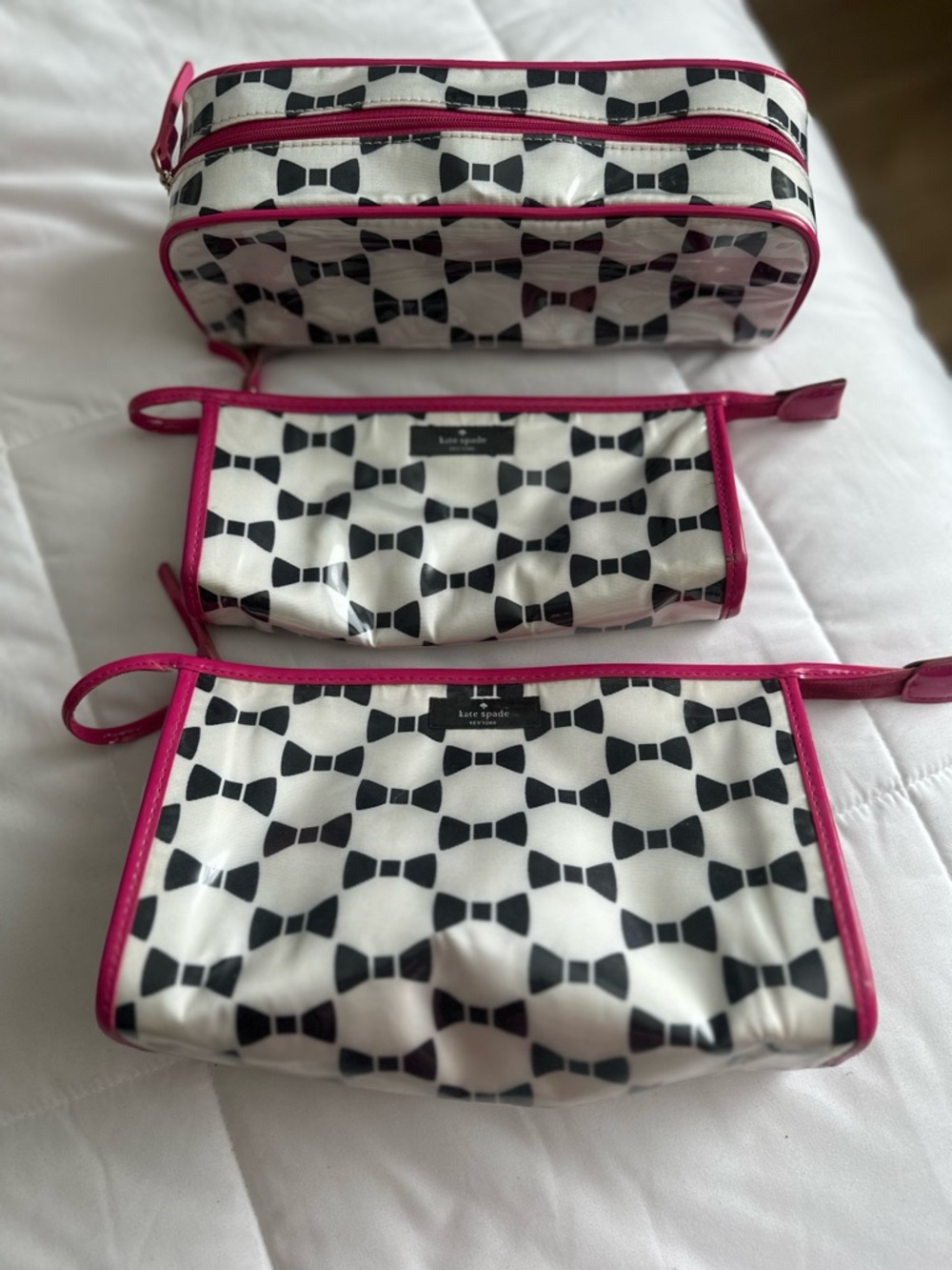 kate spade White and Black Bow Print Cosmetic Pouch Trio with Pink Trim